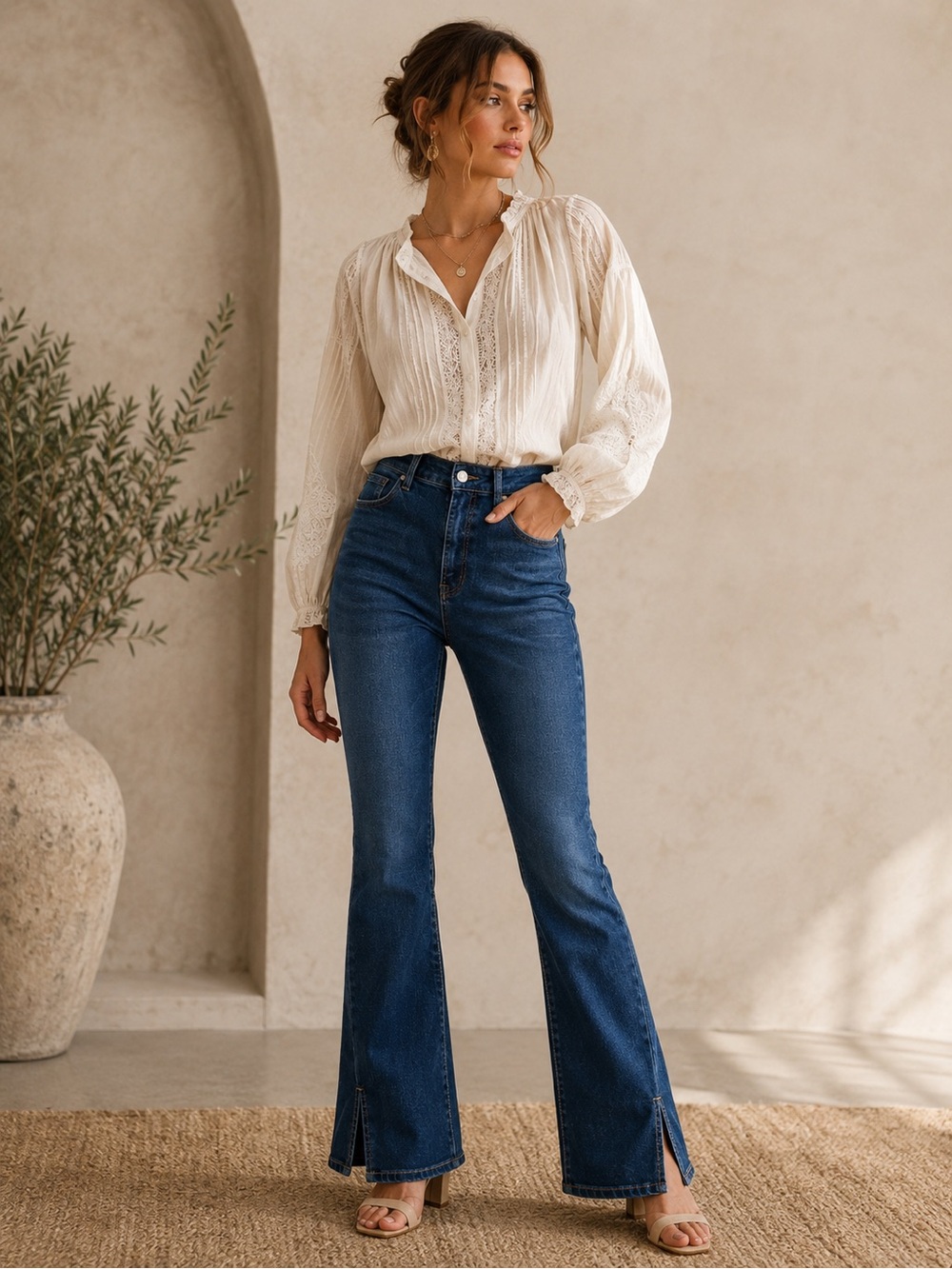 Sidefeel Front Slit Flare Jeans Dark Wash Stretch Denim Size 14